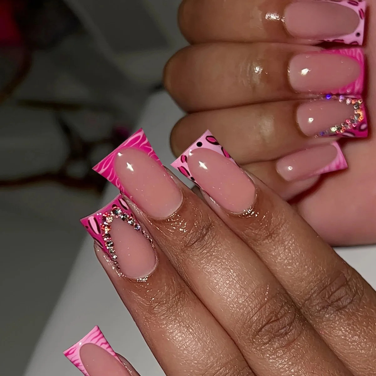 Pink Leopard Duckbill Press On Nails Sweet French Full Cover False Nails