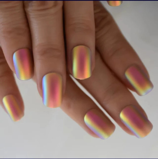 24 Desert Glow Short Matte Chrome Holographic iridescent Press on nails glue on