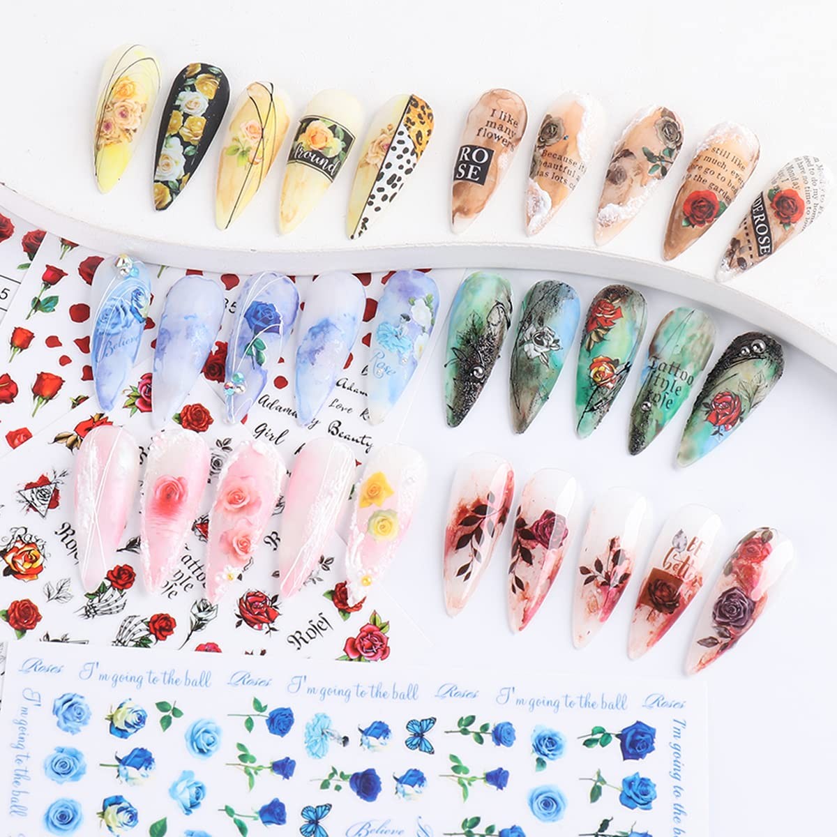 6 Sheets Flower Nail Art Stickers 3D Blue Pink Red Rose Nail Decals Spring Su…