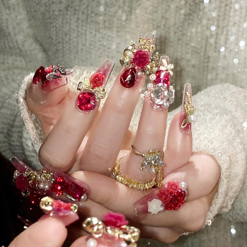 Long Coffin Press on Nails Short Fake Nails with 3D Rhinestones Pearl Desings…