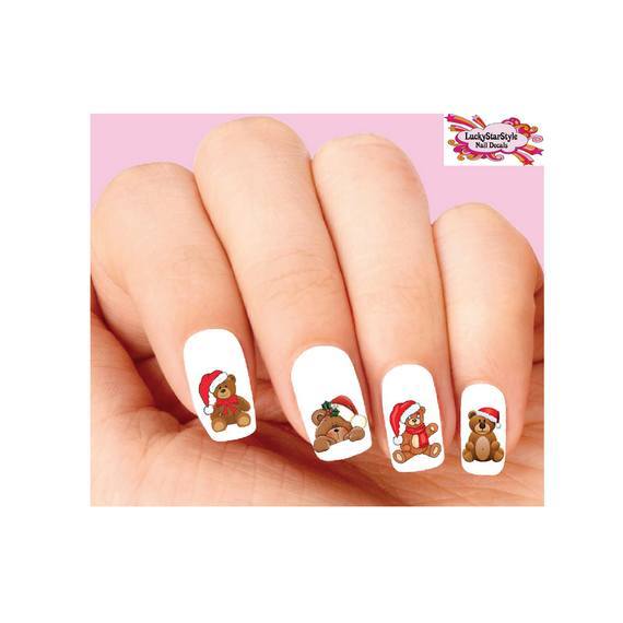 Waterslide Nail Decals Art Set of 20 – Holiday Christmas Teddy Bear Assorted