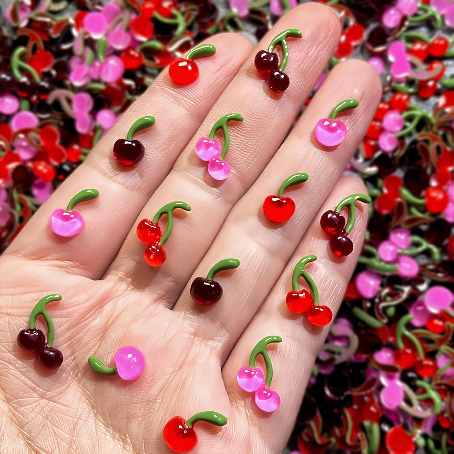 150PCS 3D Cherry Nail Charms and Rhinestones for DIY Nail Art Supplies