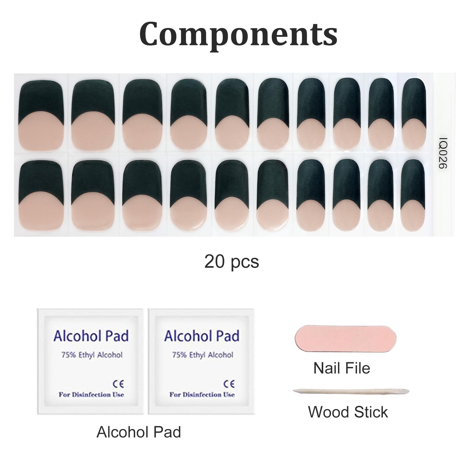 20Pcs Black Semi Cured Gel Nail Strips French Tip UV Nail Stickers