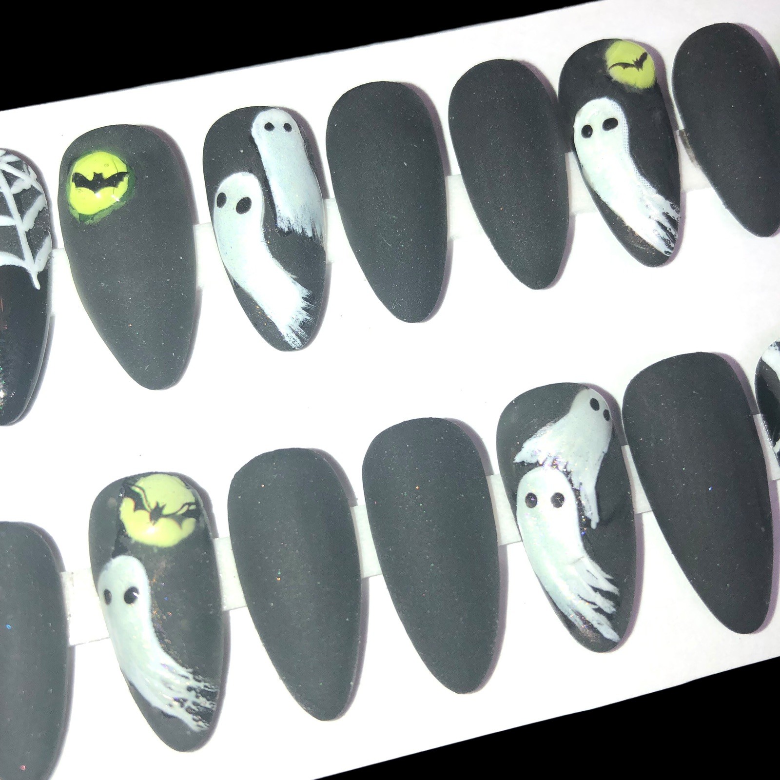 Handmade Custom Press On Nails Med Almond Ghosts Spiders Black Halloween Nails