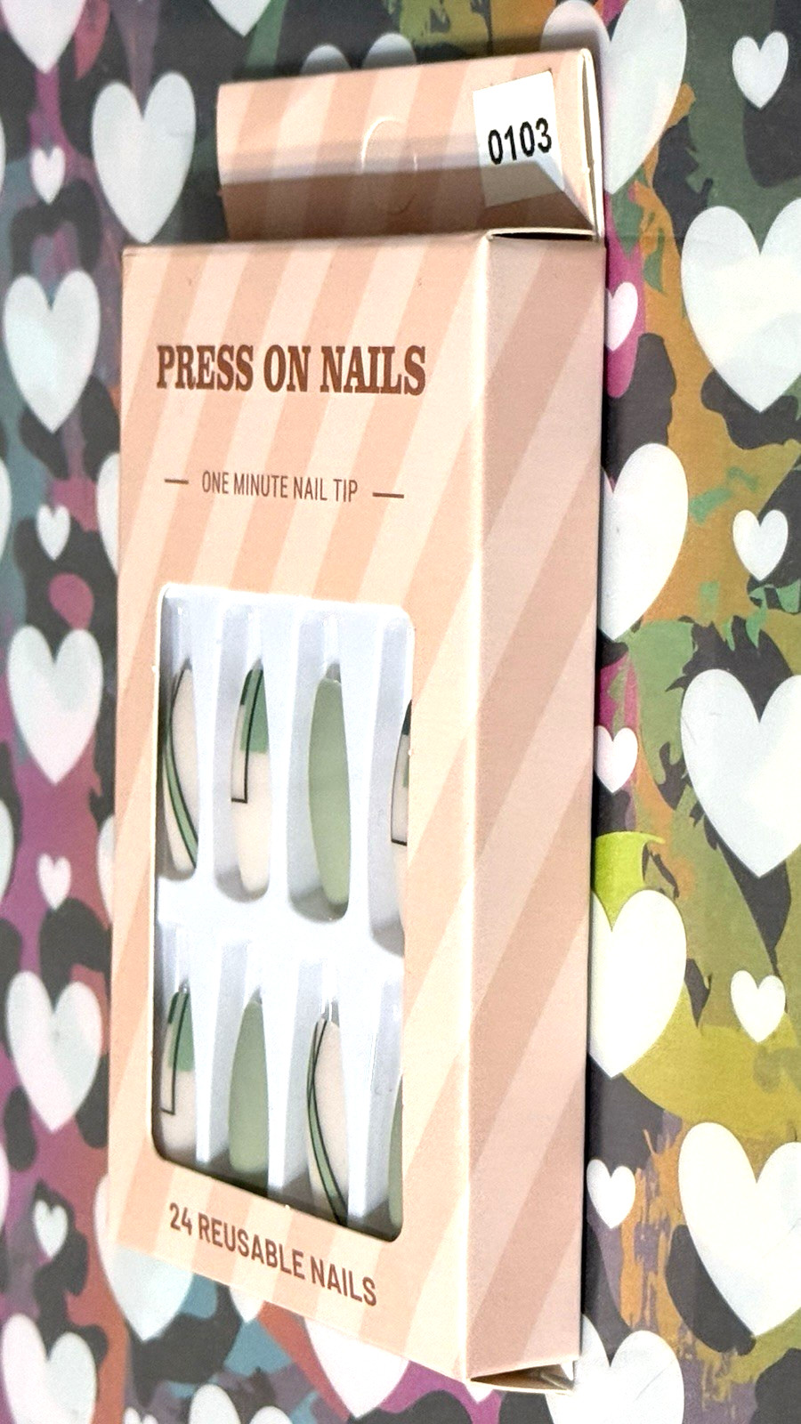 Press On Nails One Minute Nail Tip NUDE & SAGE GREEN with ABSTRACT 24 Long Oval