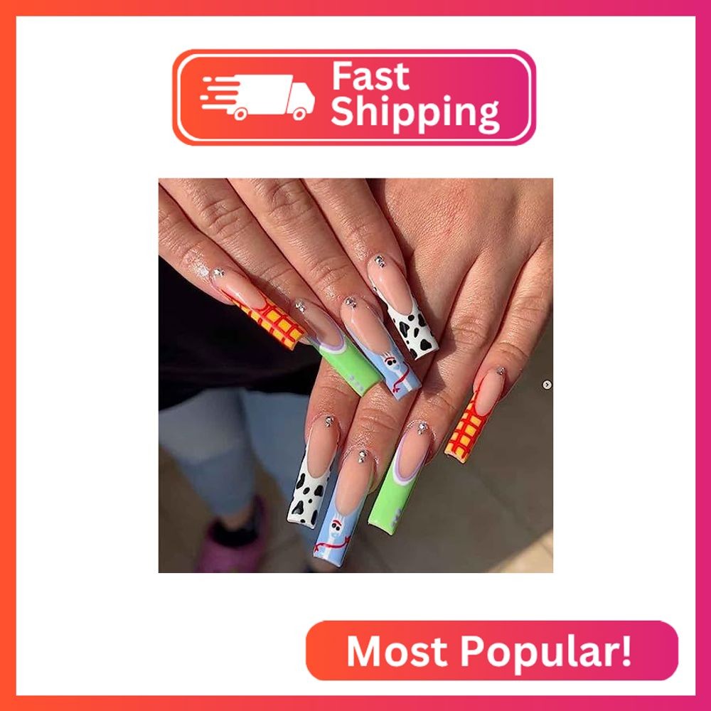 Foccna Long Press Pink Square French Fake Nails Summer Purple Full Cover Bling A