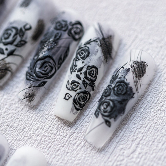 5D Black Rose Nail Stickers, Flower Nail Stickers, Embossed Nail Decal Art (269)