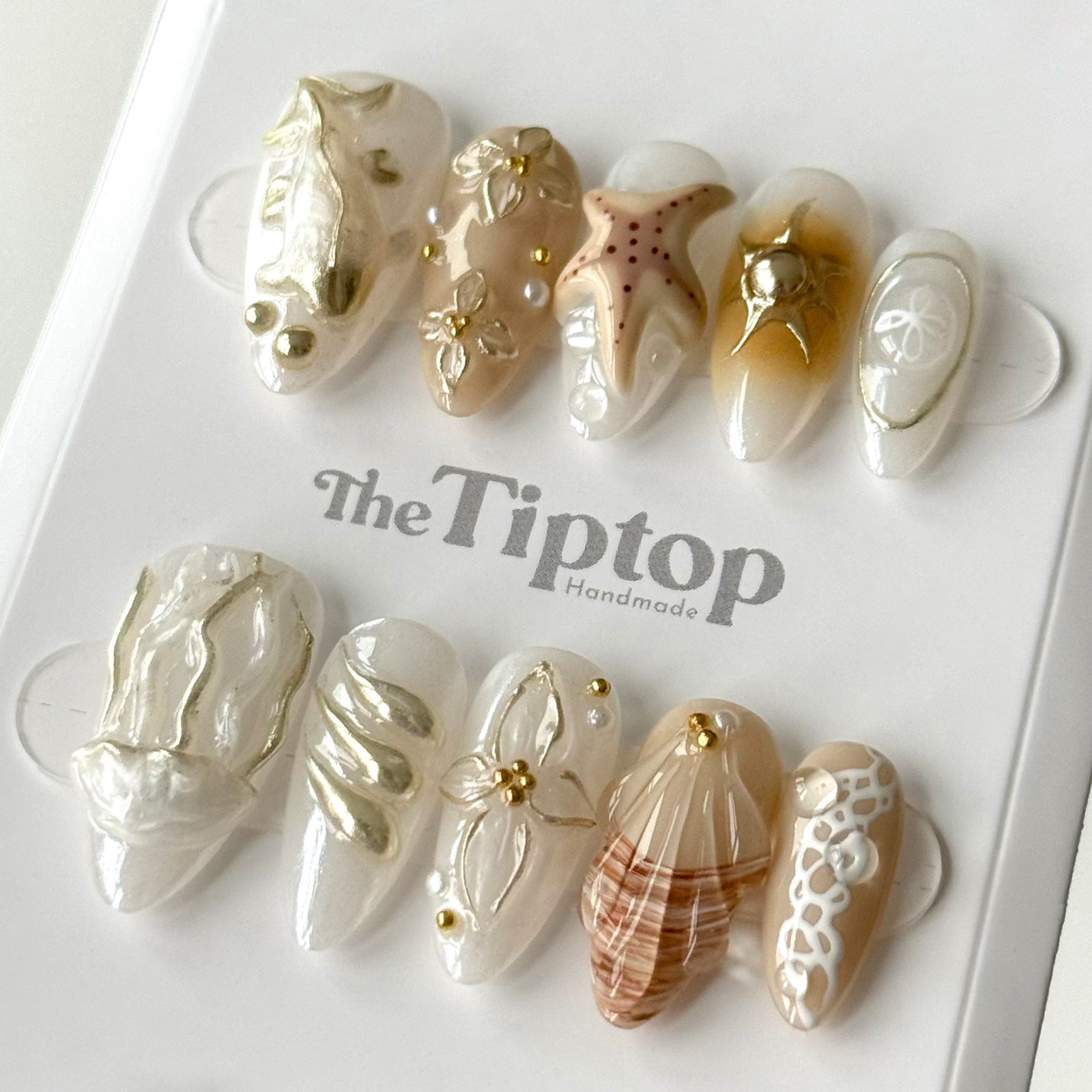 Reusable Nails | Mermaid Nails | Summer Beach Nails | Pearl Seashell Nails | M22