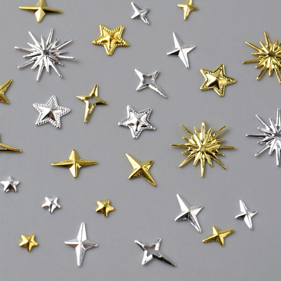 12Grids Star Nail Rhinestones Charms Gold Silver Star Nail Gems Diamonds 3D Allo