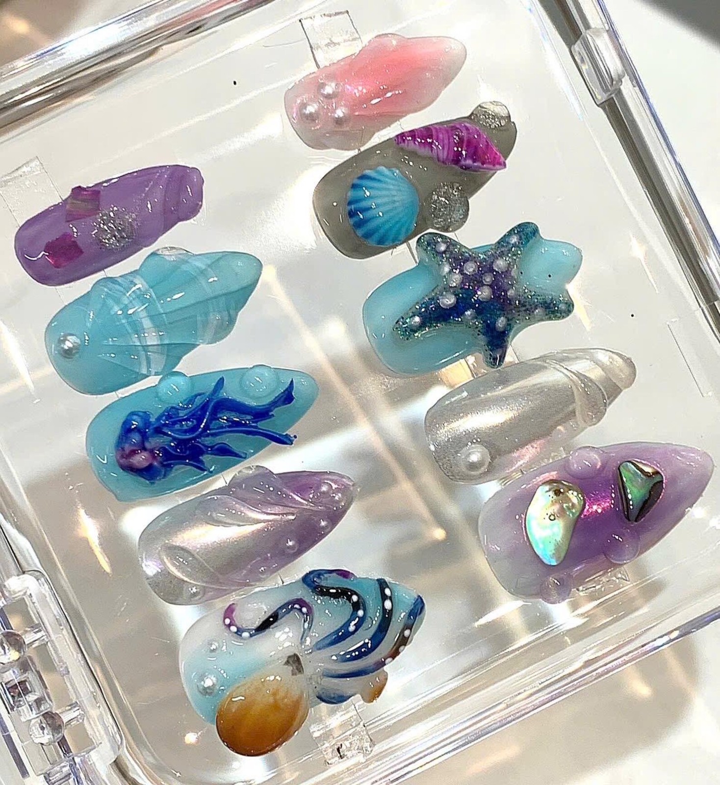 Handmade Purple Ocean Jellyfish Octopus Starfish Shell Almond Press on Nails
