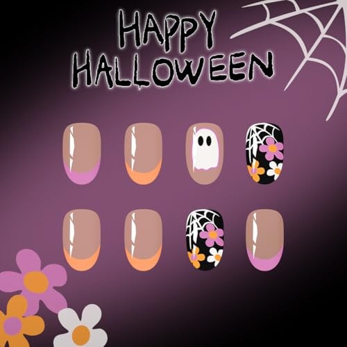 Halloween Press on Nails Short Almond Fake Nails Spooky and Style-A Style-6
