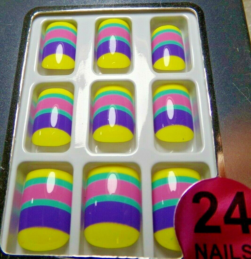 Pretty Secrets Nails Shiny Rainbow Yellow Pink Purple glue on Short
