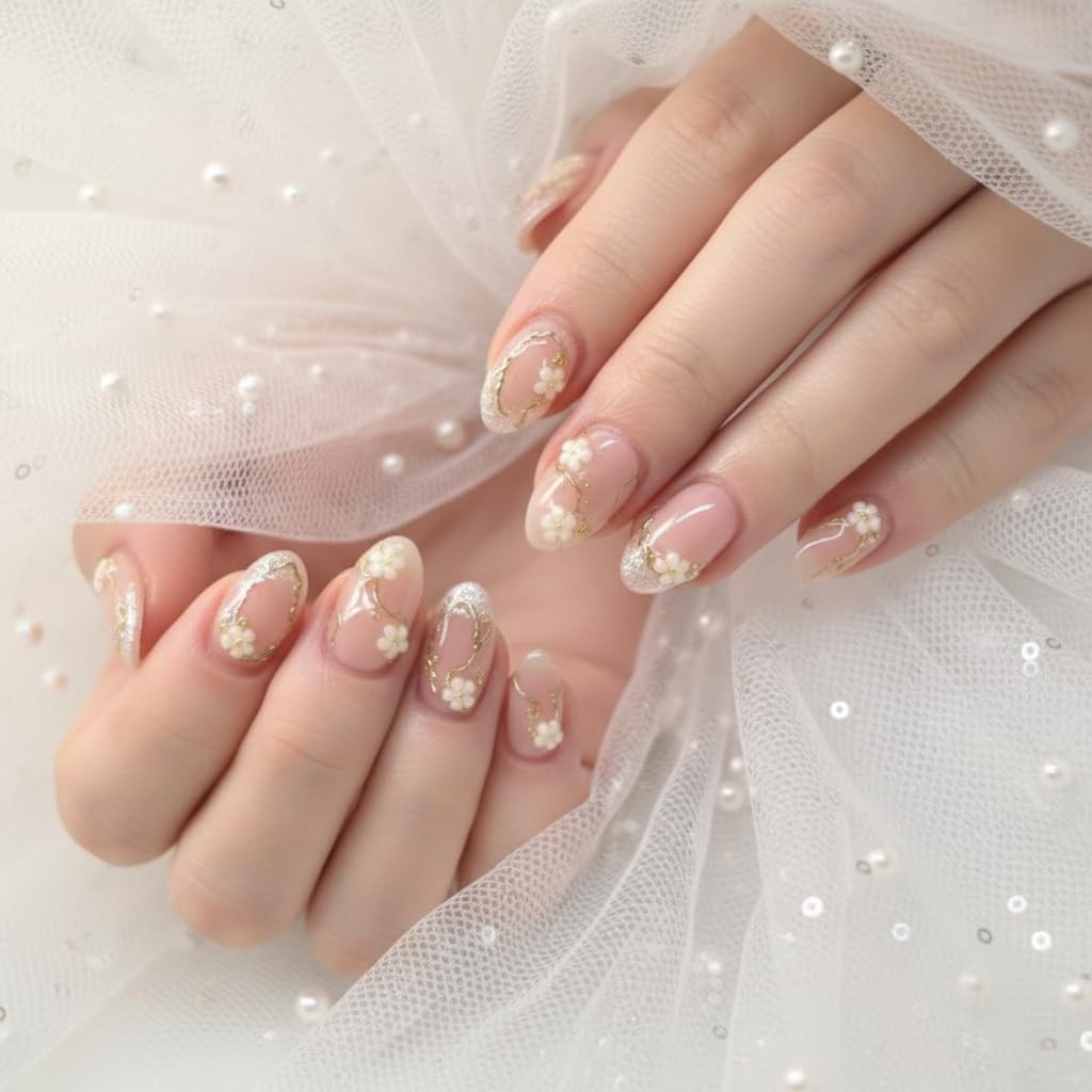 HIXENIFY French Tip Nails Pink Floral 01