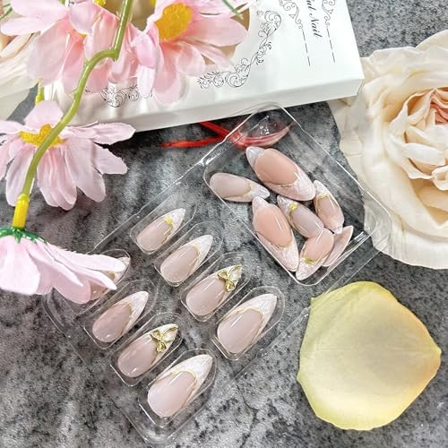 Almond Medium Artificial Acrylic Fingernails – 3D French Tip Press