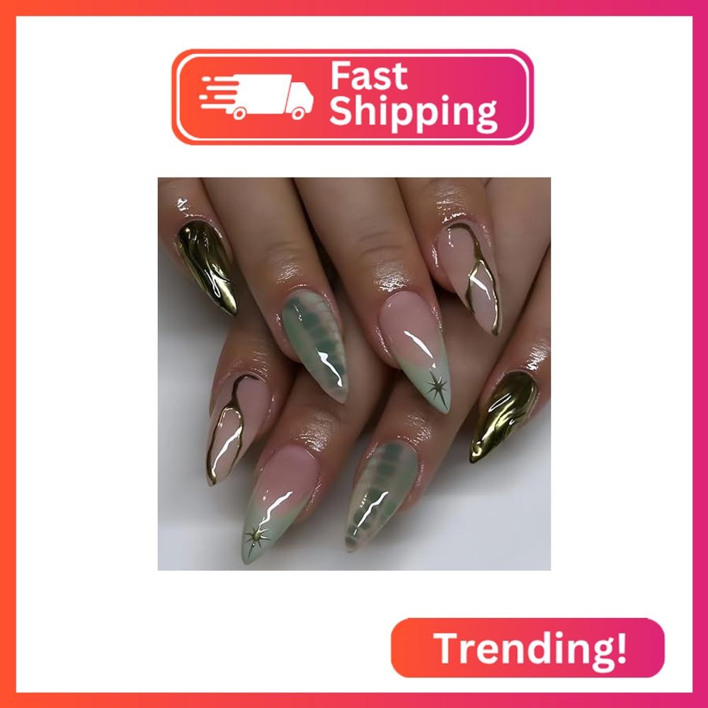 Almond Short Press on Nails Green Ombre French Fake Nails Gold Line Artificial N