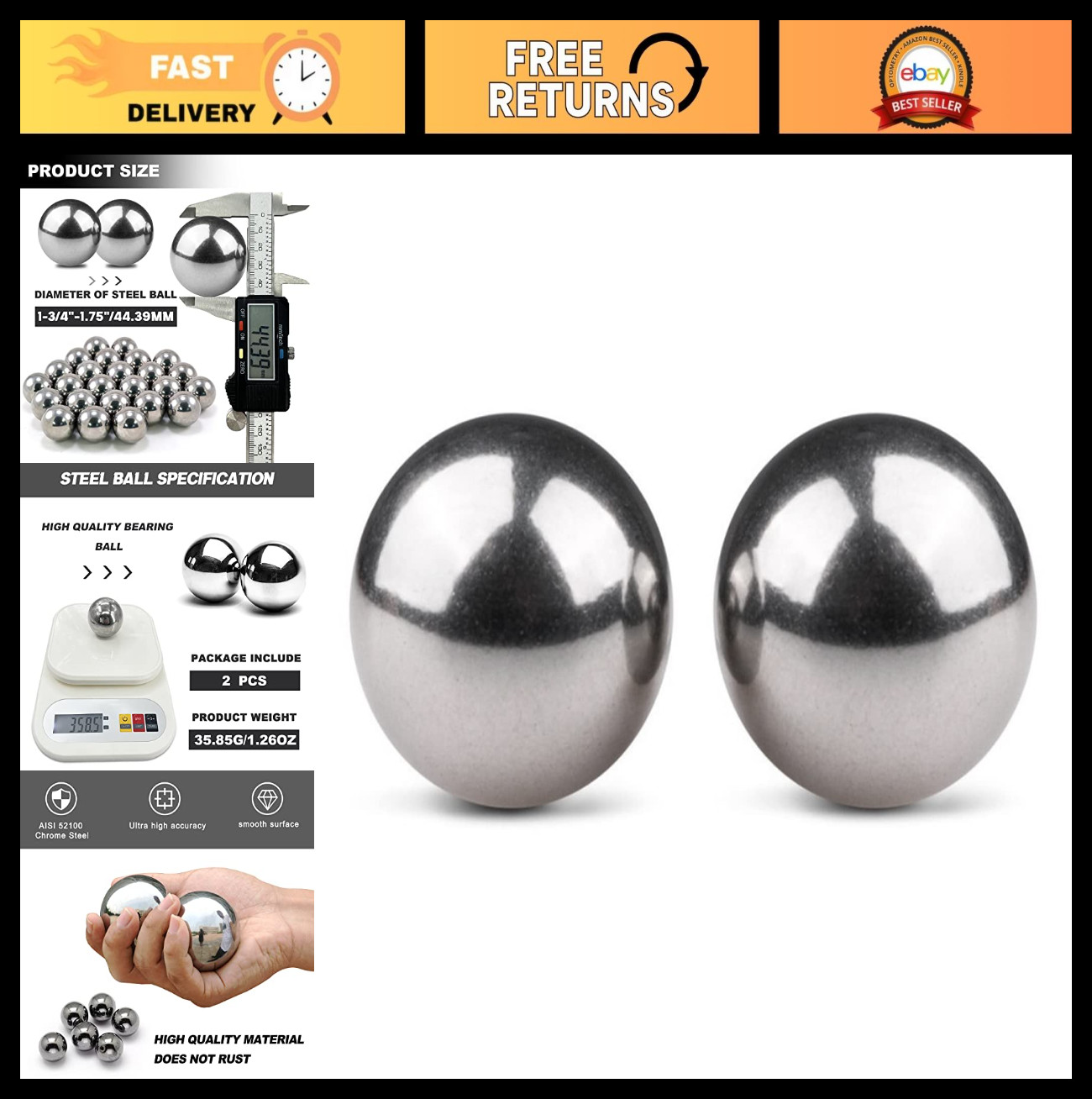 2 Pcs 1.75″ Precision Steel Bearing Balls for Paint Mixing & DIY Projects