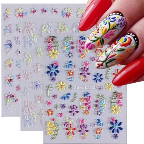 5D Flower Nail Art Stickers – Purple Pink Daisy & Yellow Blossom style7