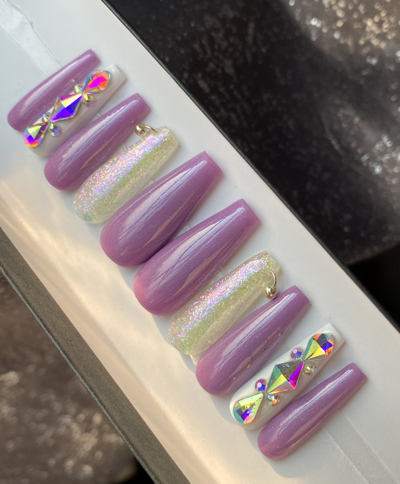 🔥CUSTOM Gel Press On False Nails, Purple w/ BLING 10 set, w/ FULL KIT NEW MED