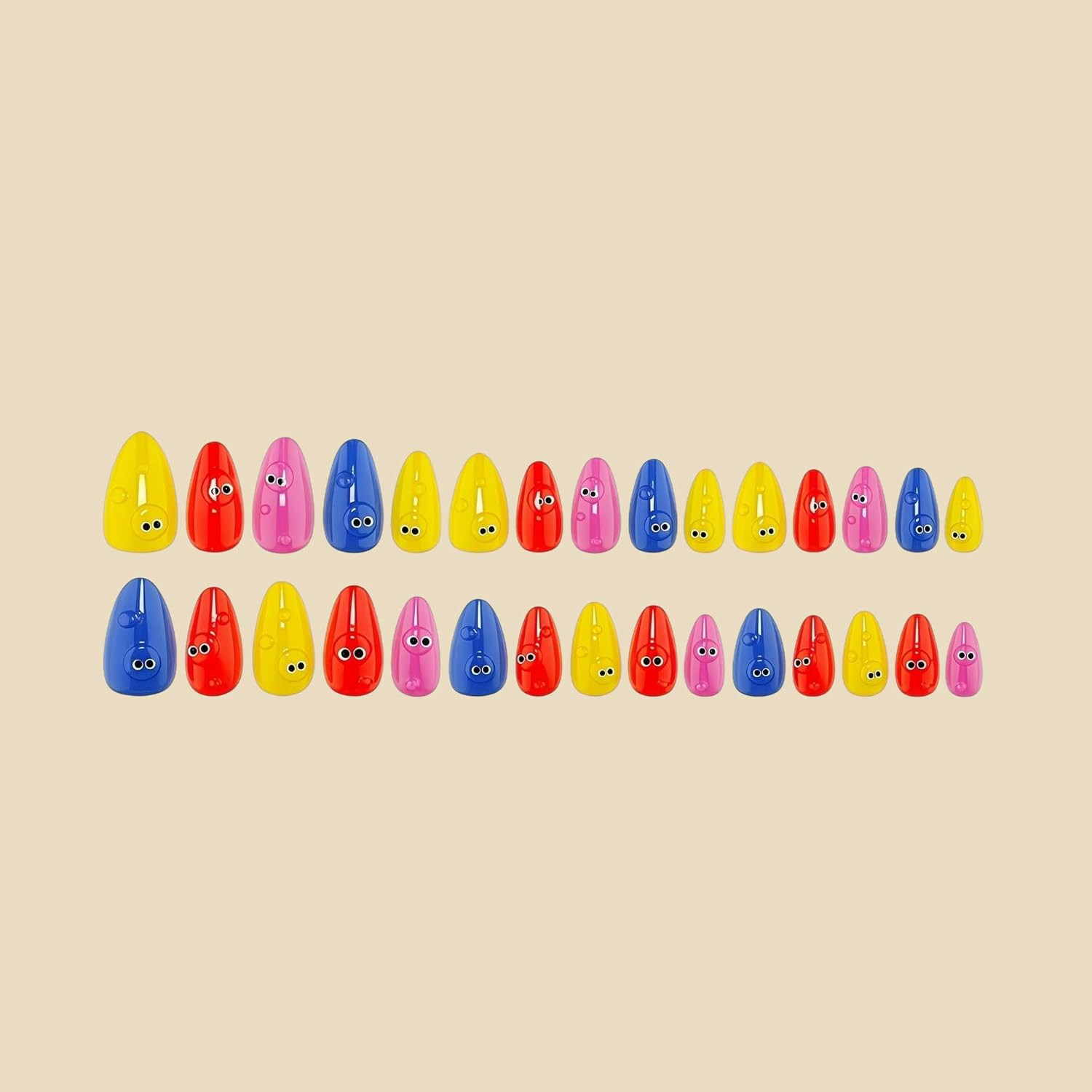30Pcs Summer Colorful Press on Nails Short Almond Fake Nails with 3D Cartoon Eye