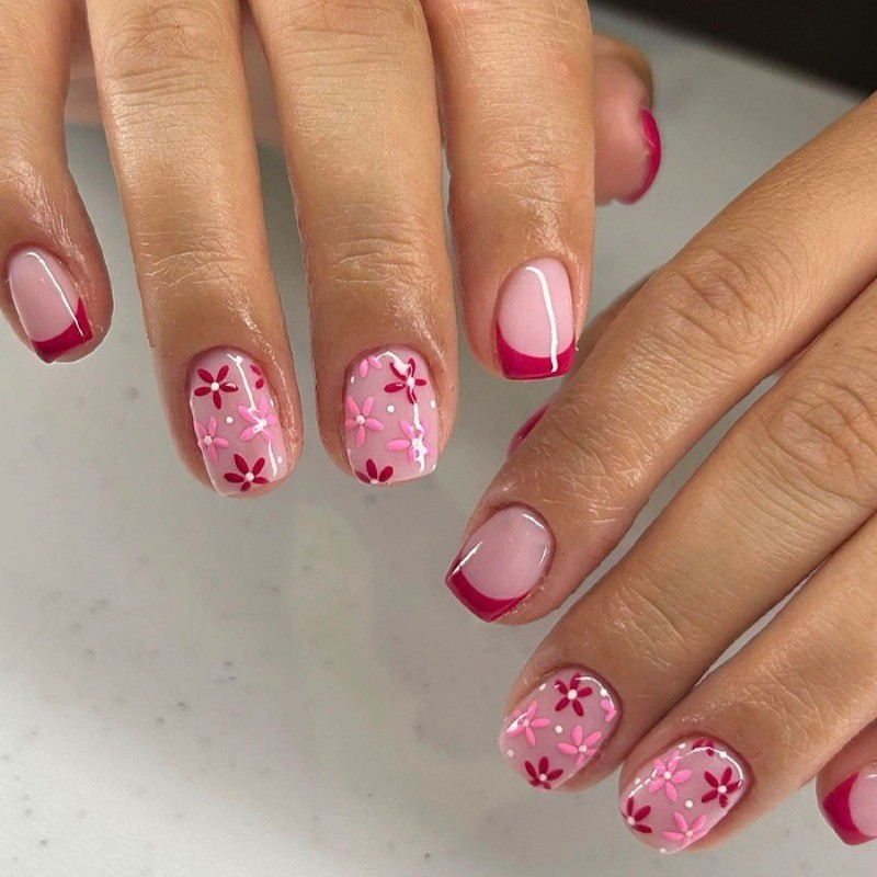 48 Pcs of Spring/summer Pink Flower Short Gloss Detachable and Reusable Nail Art