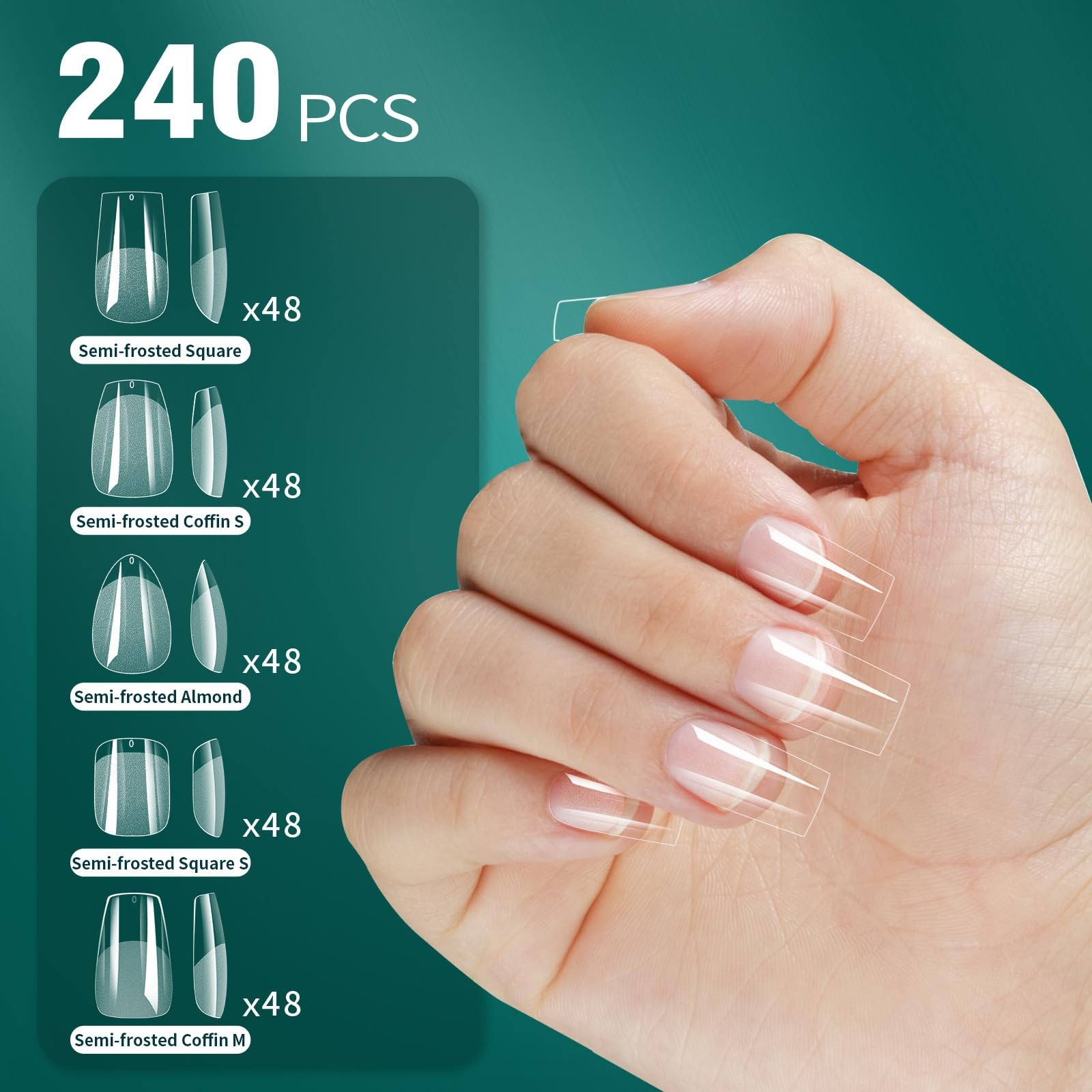240Pcs Five-in-Nail Tips,Transparent Frosted and Extending Ultra-thin Nail Pl…