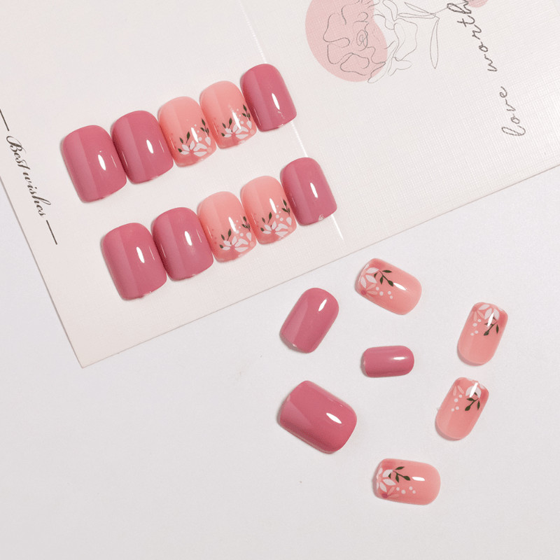 48Pcs-Short Square Pink Nude White Tiny Floral Dot Fake Press on Nails Set