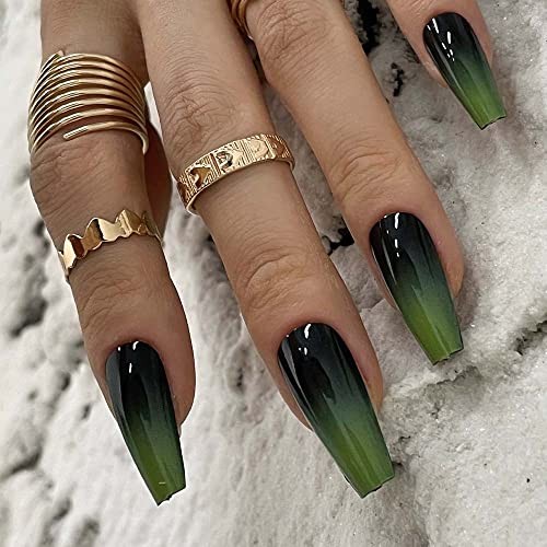 Redykat 24PCS Glossy Green Ombre Coffin Press On Nails, Gel Green&Black Ombre