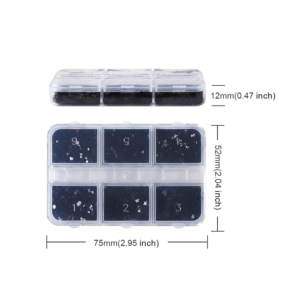 Black Star & Heart Shape Nail Glitter 6 Grids 3D Sequins for Nail Art Decoration