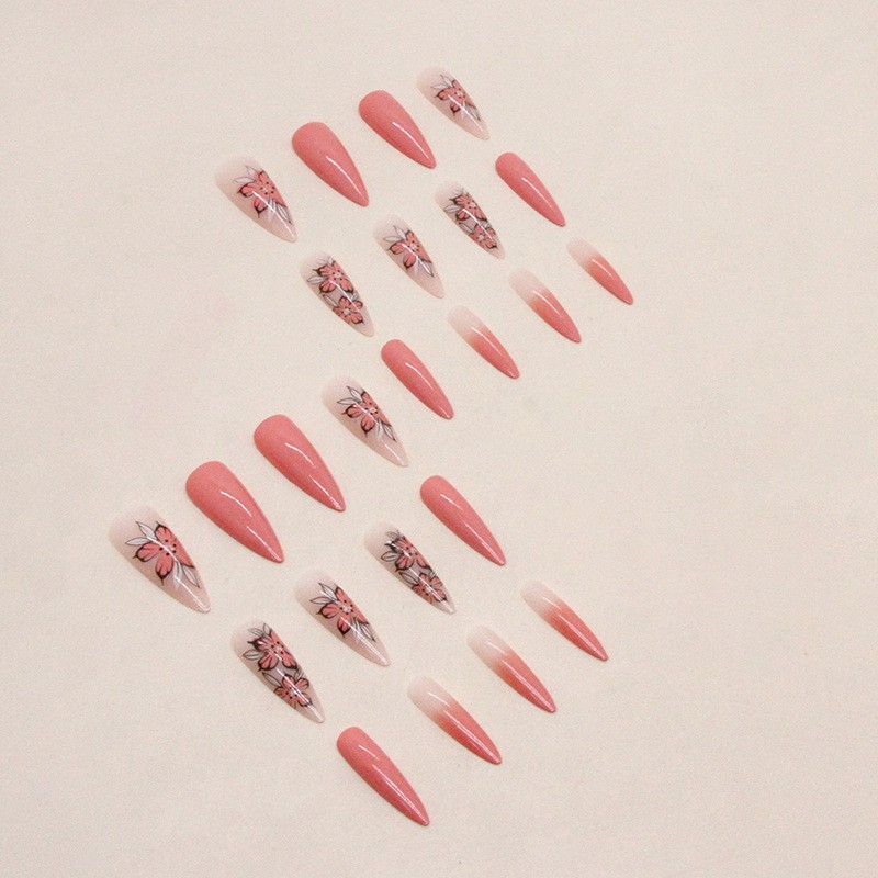 48Pcs-Long Almond Coral Pink Gradient Floral Gold Bead Press on Nails Set