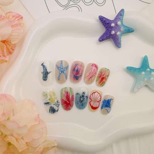 24Pcs Ocean Life Press on Nails – Short Almond Fake Nails XF-088