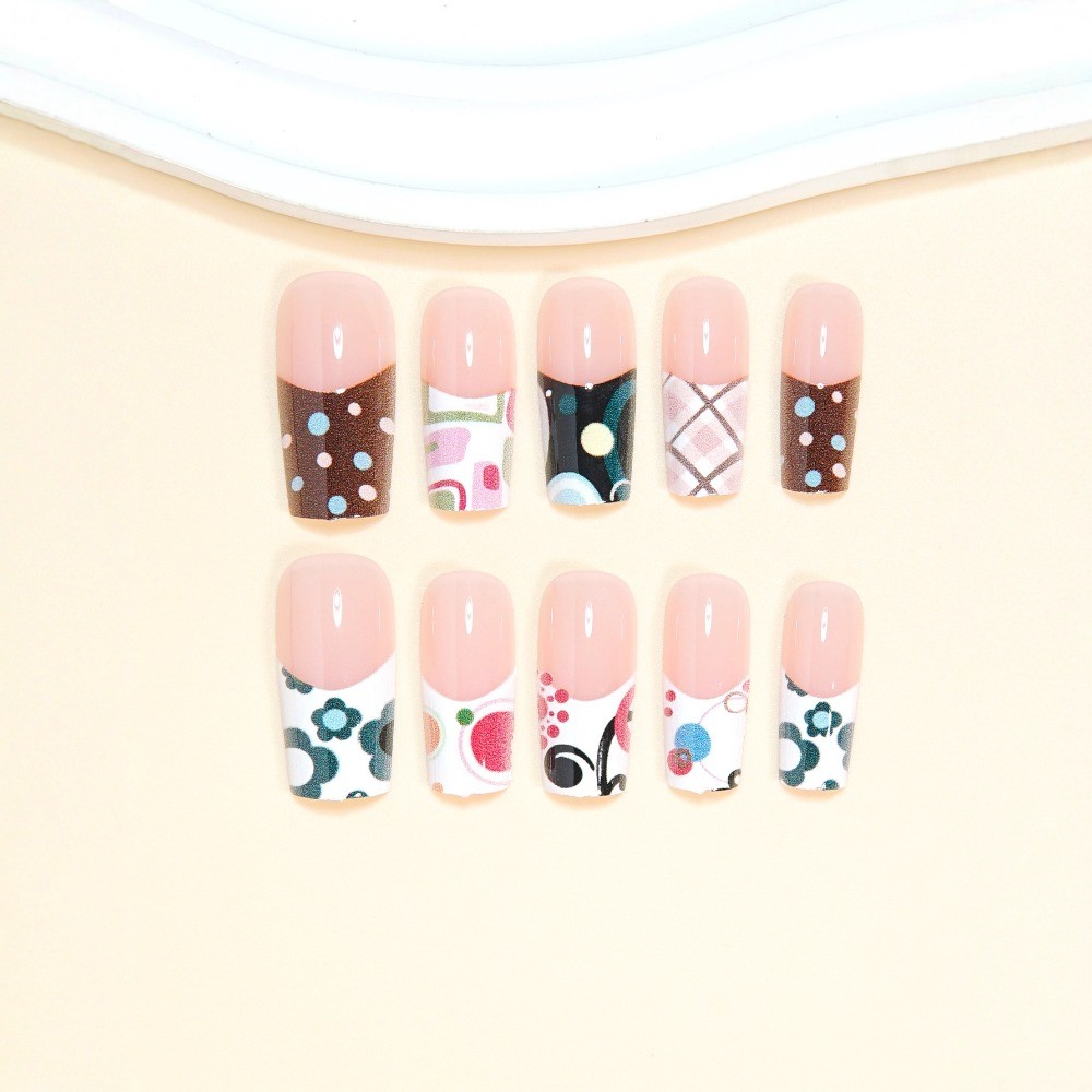 48pcs-Y2K French Tip Press on Nail, Extra Long Square Abstract Doodle Fake Nails