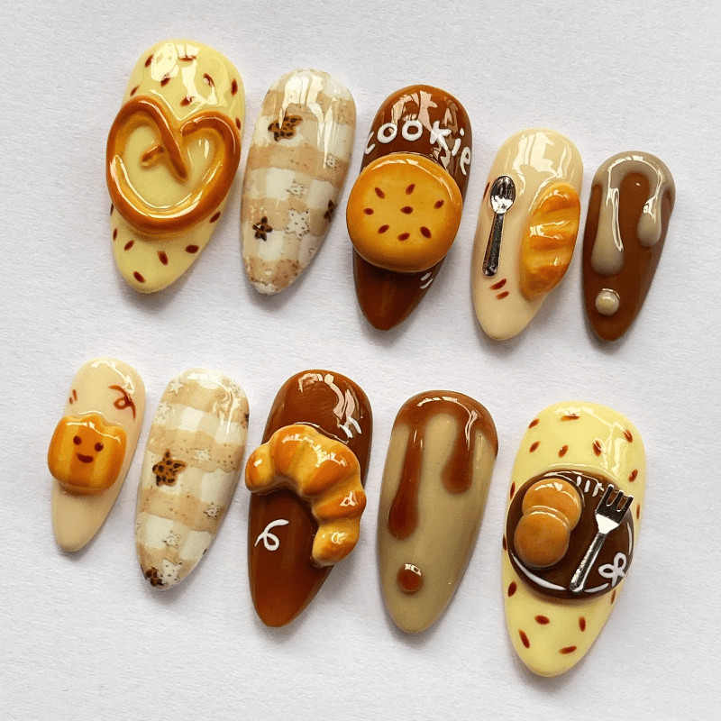 Cookie Croissant Handmade Press on Nails Bread Drip Food Cute Gloss Fake Nails