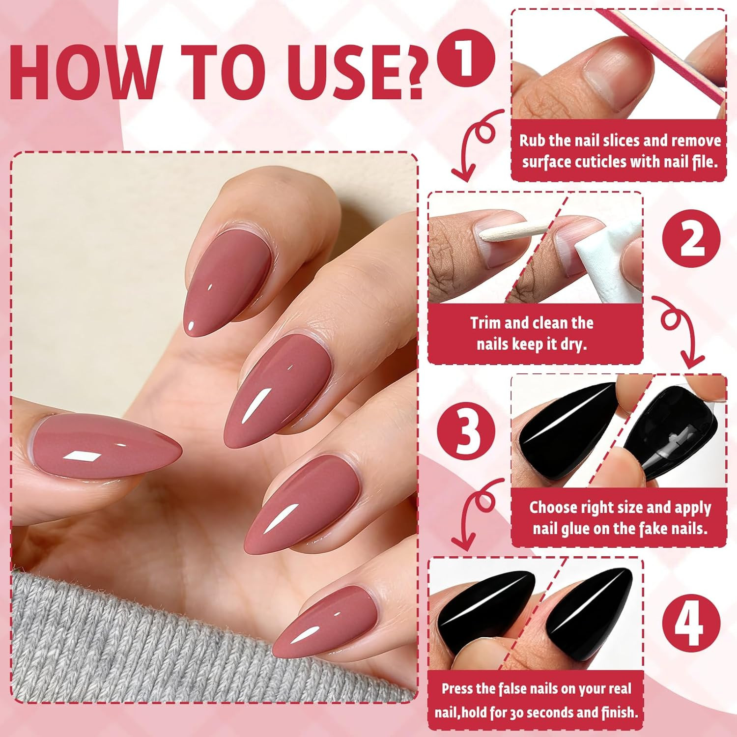 240Pcs Dusty Rose Press on Nails Almond- Short Press on Nail Pink in 12 Sizes fo
