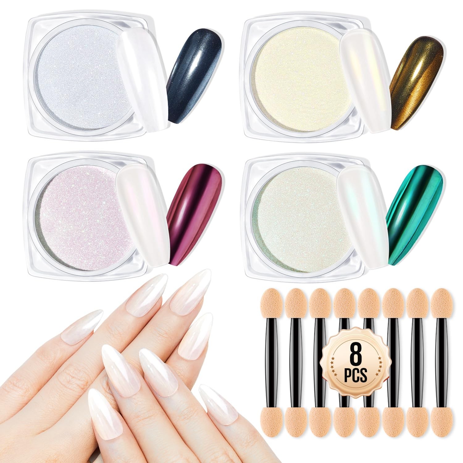 MEFA White Pearl Chrome Nail Powder 4 pcs Mirror Effect Pearlescent Pigment