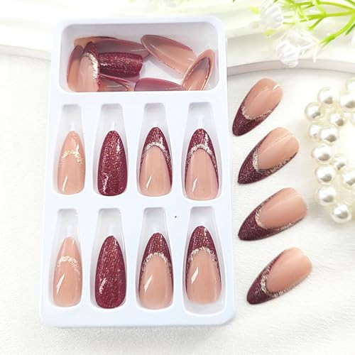 Medium Press on Nails Almond Burgundy Burgundy French Tip & Silver Glitter