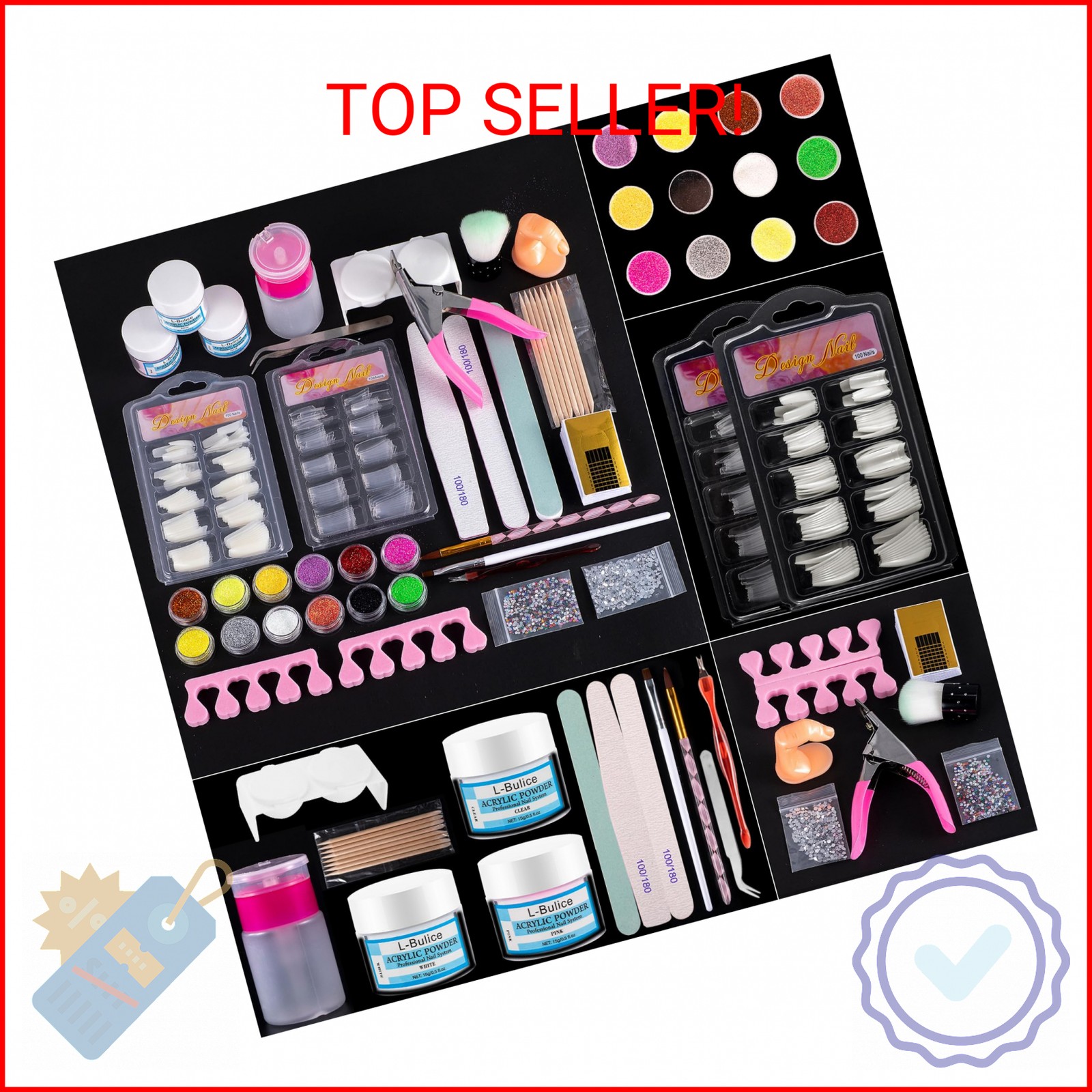 Acrylic Nail Kit for Beginners with Everything Professional, 12 Glitter Powder N