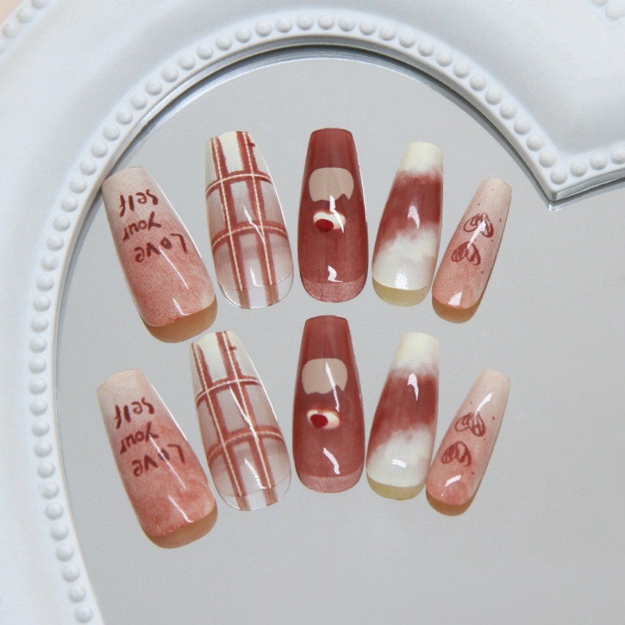 48pcs-Chocolate Brown Press on Nails with Bow Prints and Inspirational Quotes