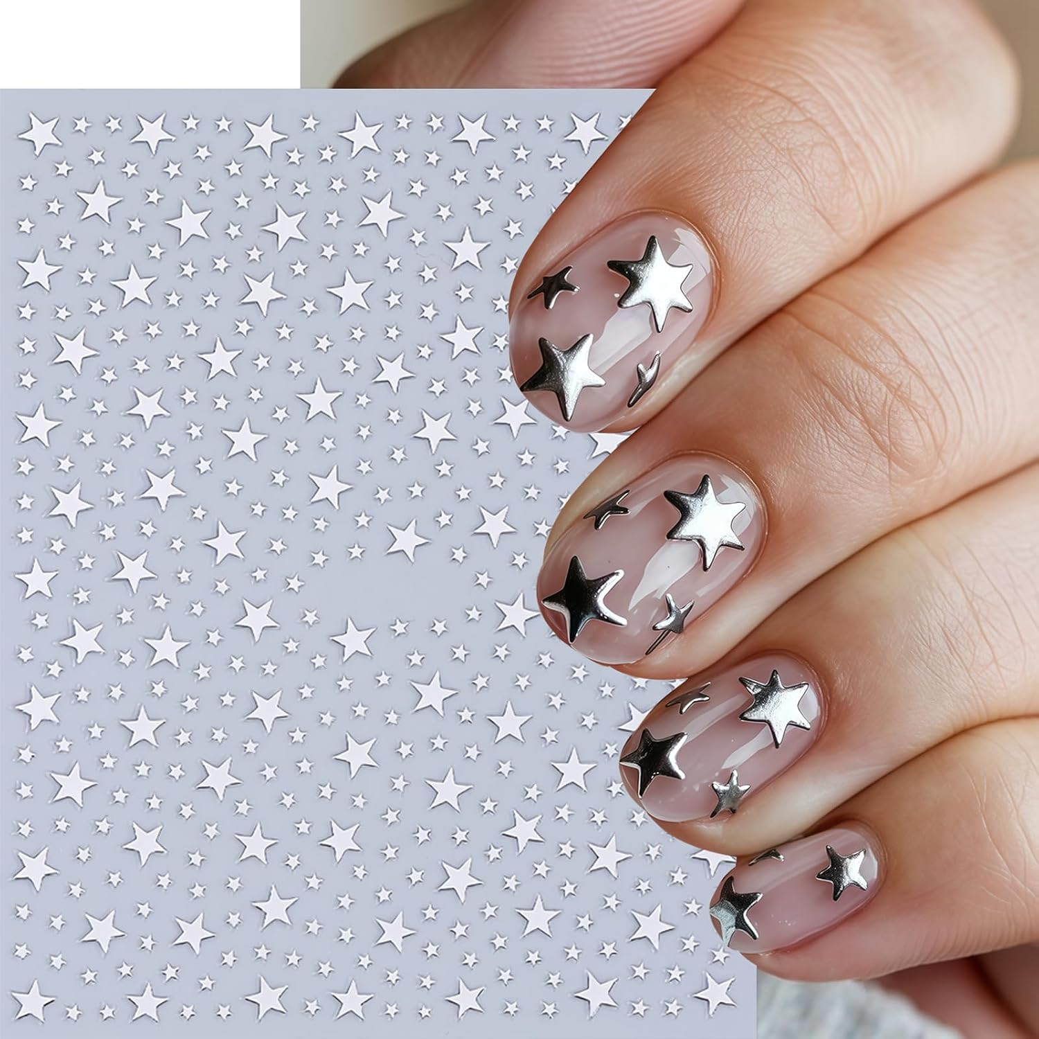 10 Pcs Star Nail Stickers 3D Gold Silver White Black Red Blue Green Rose Gold Pi