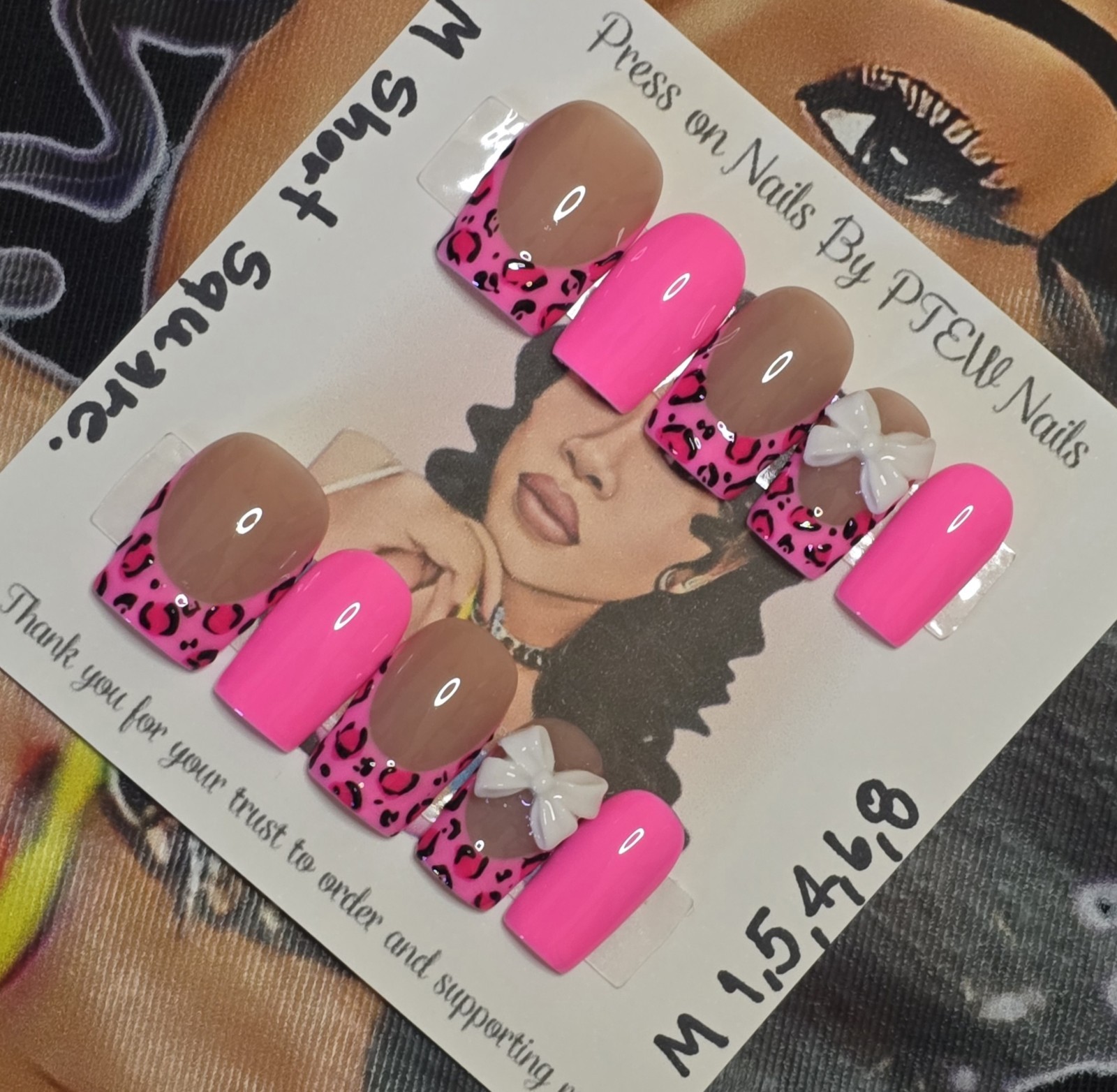 Handmade Press On Nails, Pink Cheetah , Medium Size 1,5,4,6,8 M Short Square