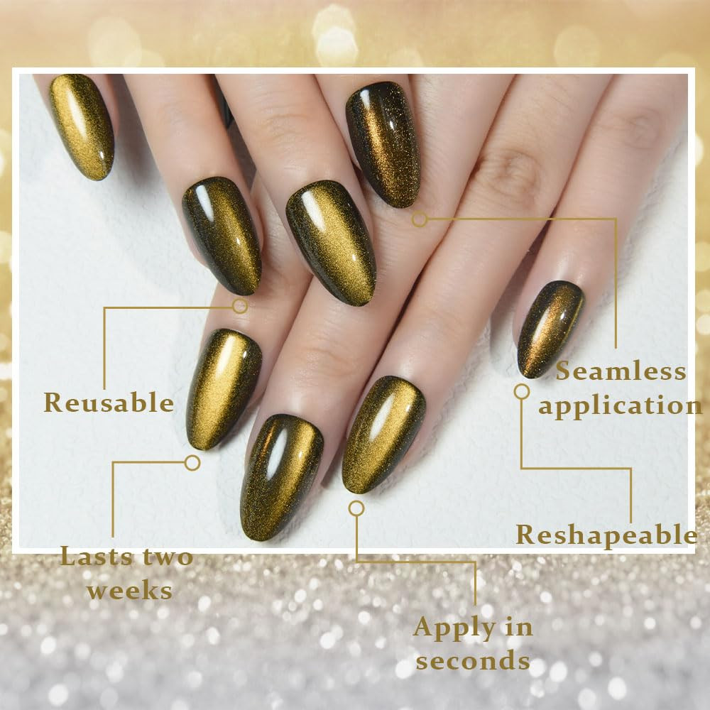 Cat Eye Gold Press on Nails Almond Short, Gold Metal Short Almond Soft Gel Press