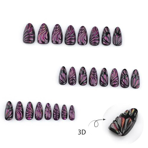 Purple Nails Press on Almond Fake Nails Medium Glossy Glue on Nails style23