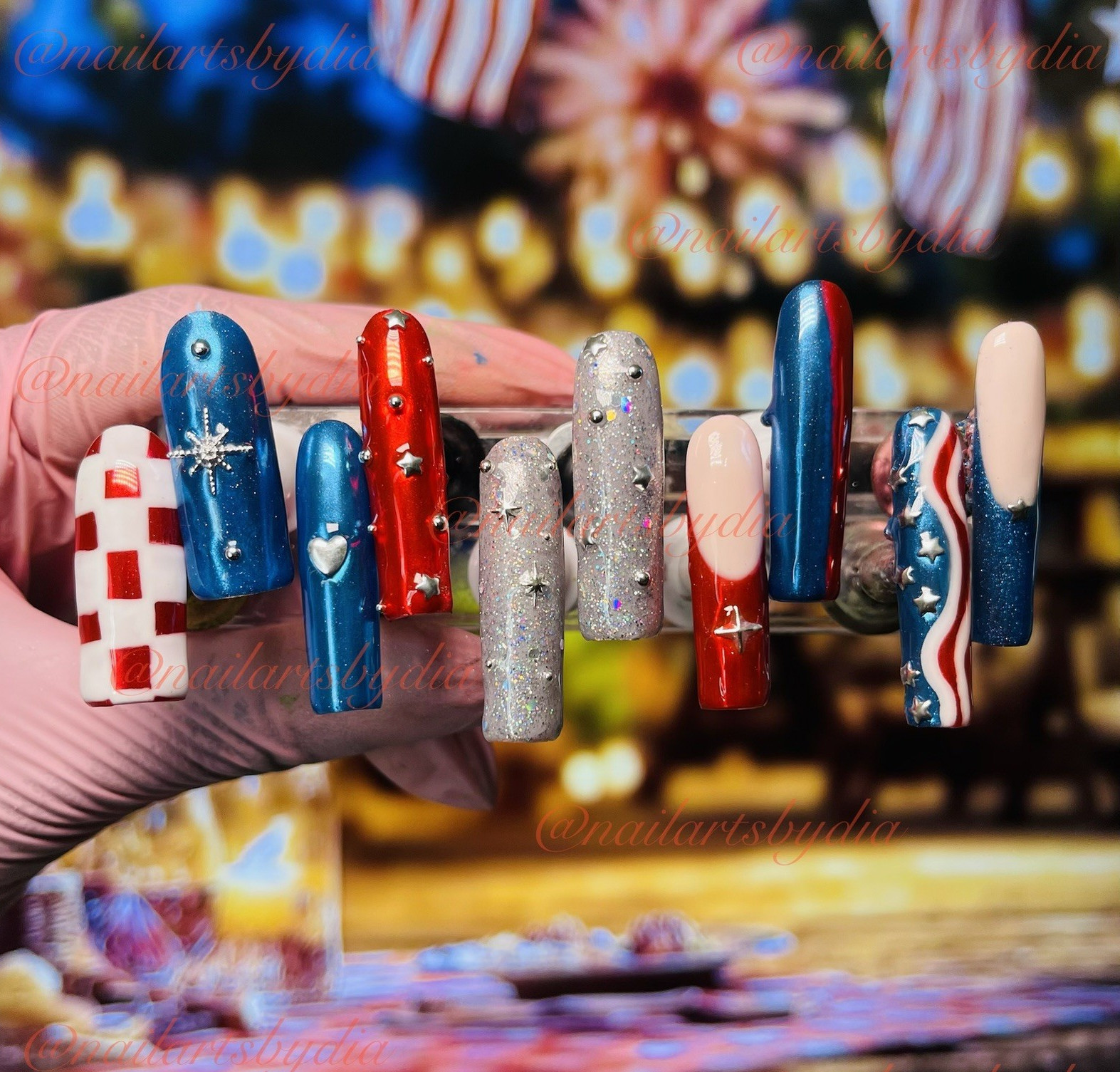 Authentic Nail Arts by Dia Long Coffin Press-On Nails Red White Blue Glitter