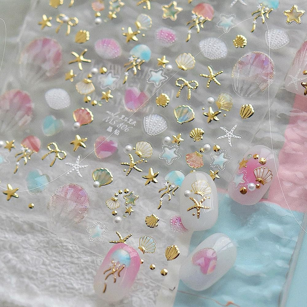 Shiny Golden Jellyfish Starfish Seashell Sea Beach Summer Nail Stickers Cute Bow