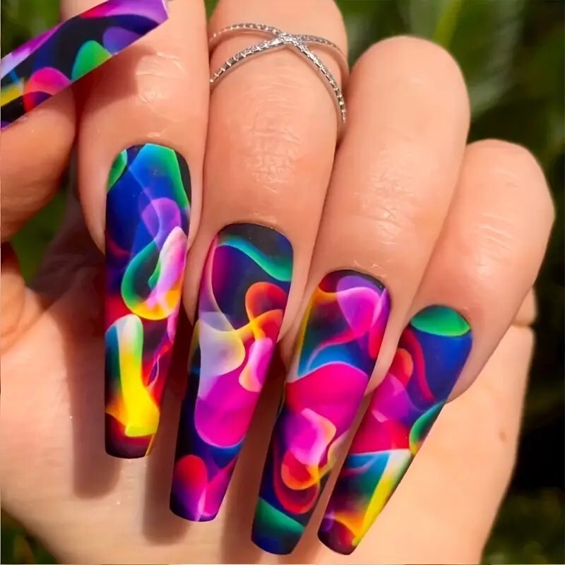 Fake Nails 24 Trippy Bright Swirls Press On Style Kit Flame Sexy Colorful Smudge