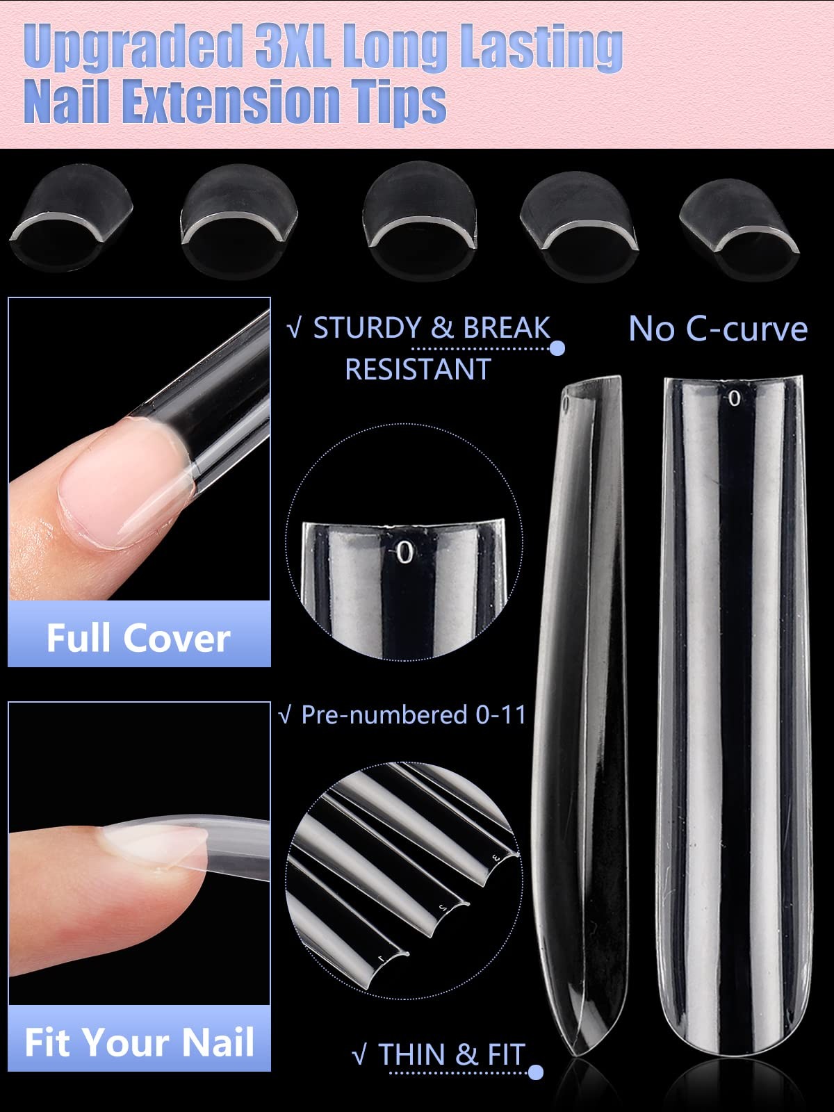 504Pcs Clear Square Nail Tips for Acrylic Nails, 3XL No Curve Full Cover