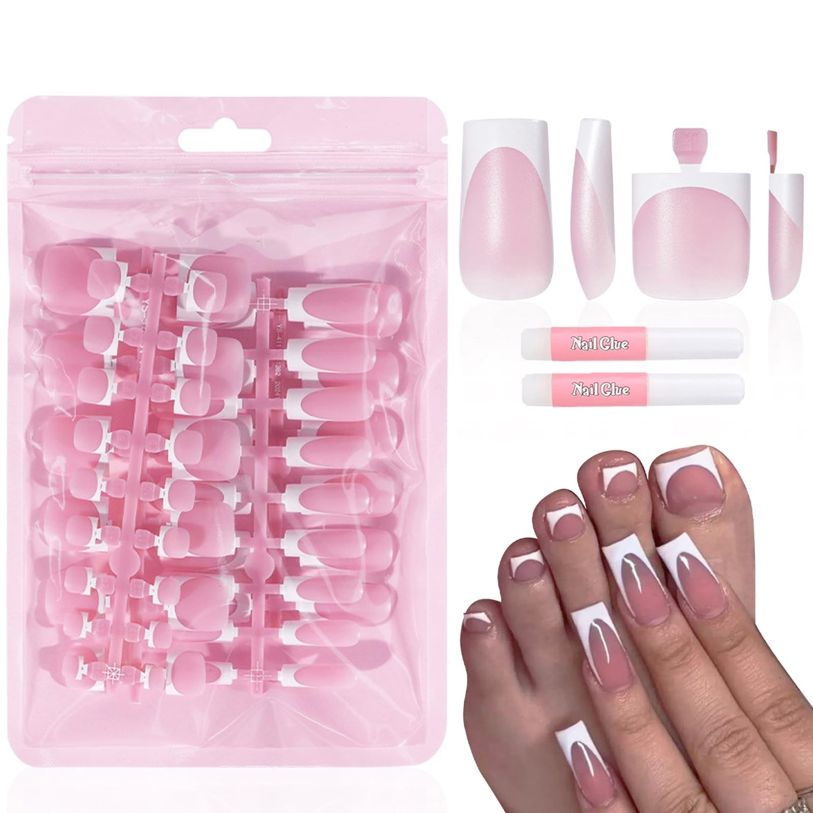 French Press On Nails and Toenails Set with 2 Nail Glue, 60Pcs White Square 1…