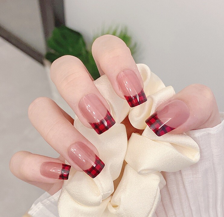 Handmade Press On Nails – Glossy Short French Tip Nails, Square Coffin Almond