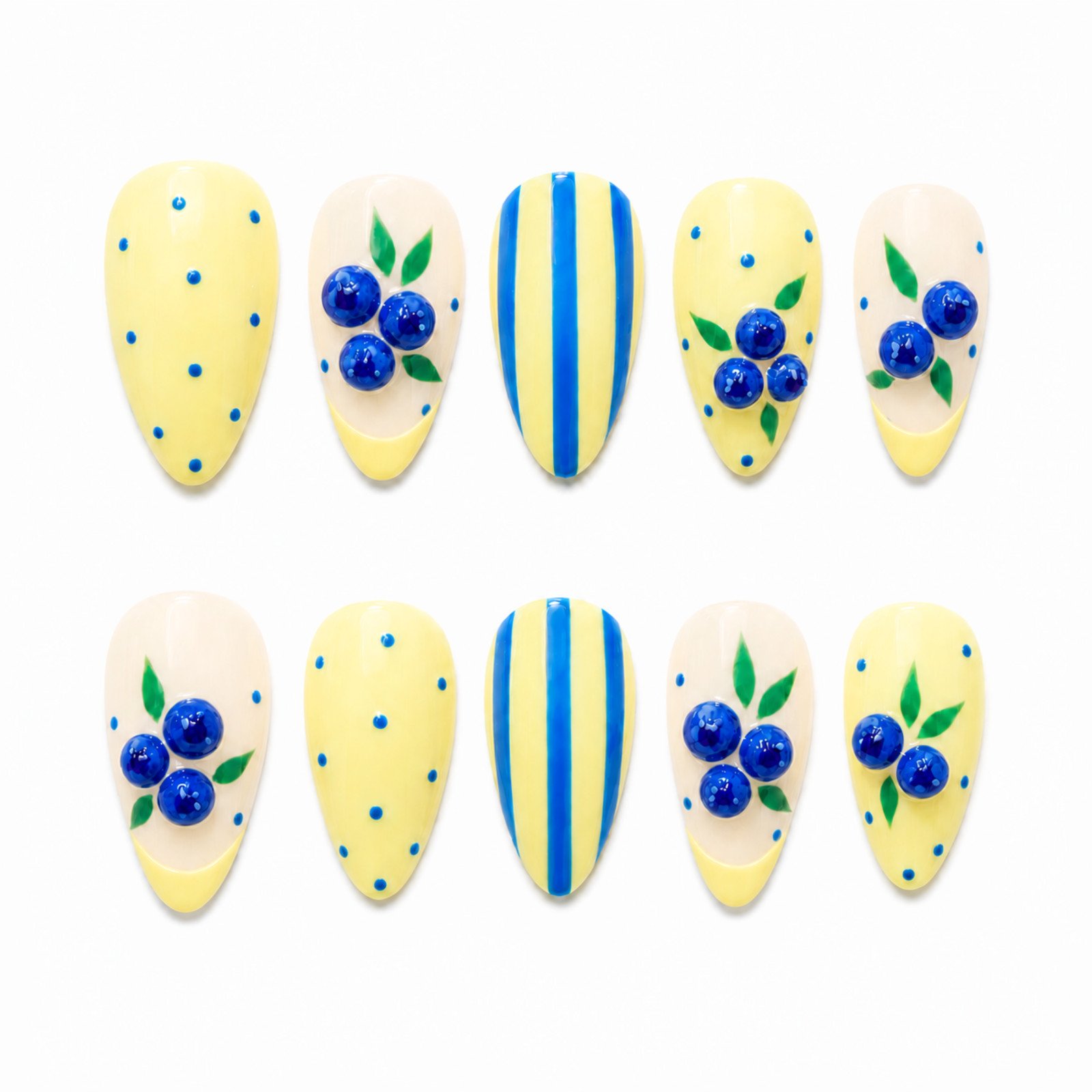Handmade Blueberry Press On Nails Yellow Blue 3D Fruit Nail Art Set