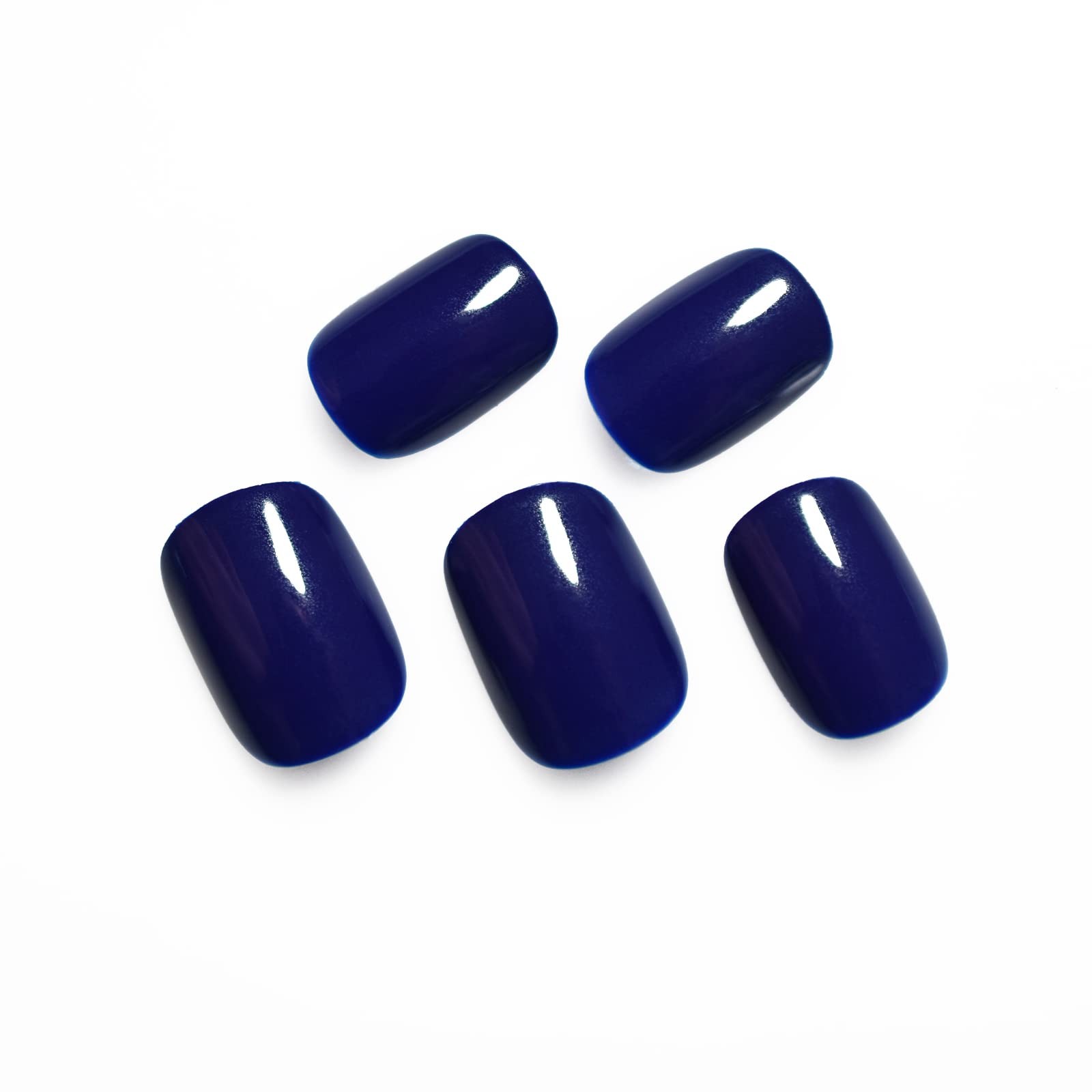 Shiny Glossy Dark Blue Press On Nails Short Round False Girls Squoval Nail Ar…