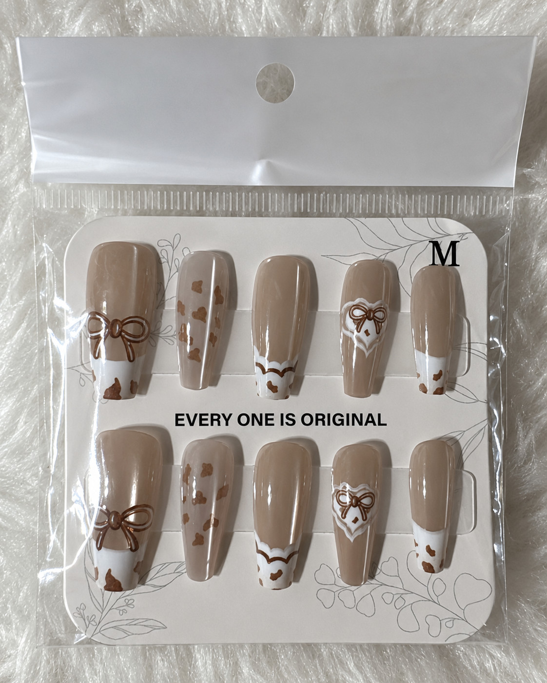 Warm Taupe Nude Coquette Bow Press-On Nails – Glossy Coffin Nails – Medium